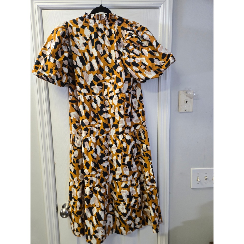Mud Pie Mustard Yellow Abstract Animal Print Tiered Puff Sleeve Midi Dress Small - Picture 4 of 9